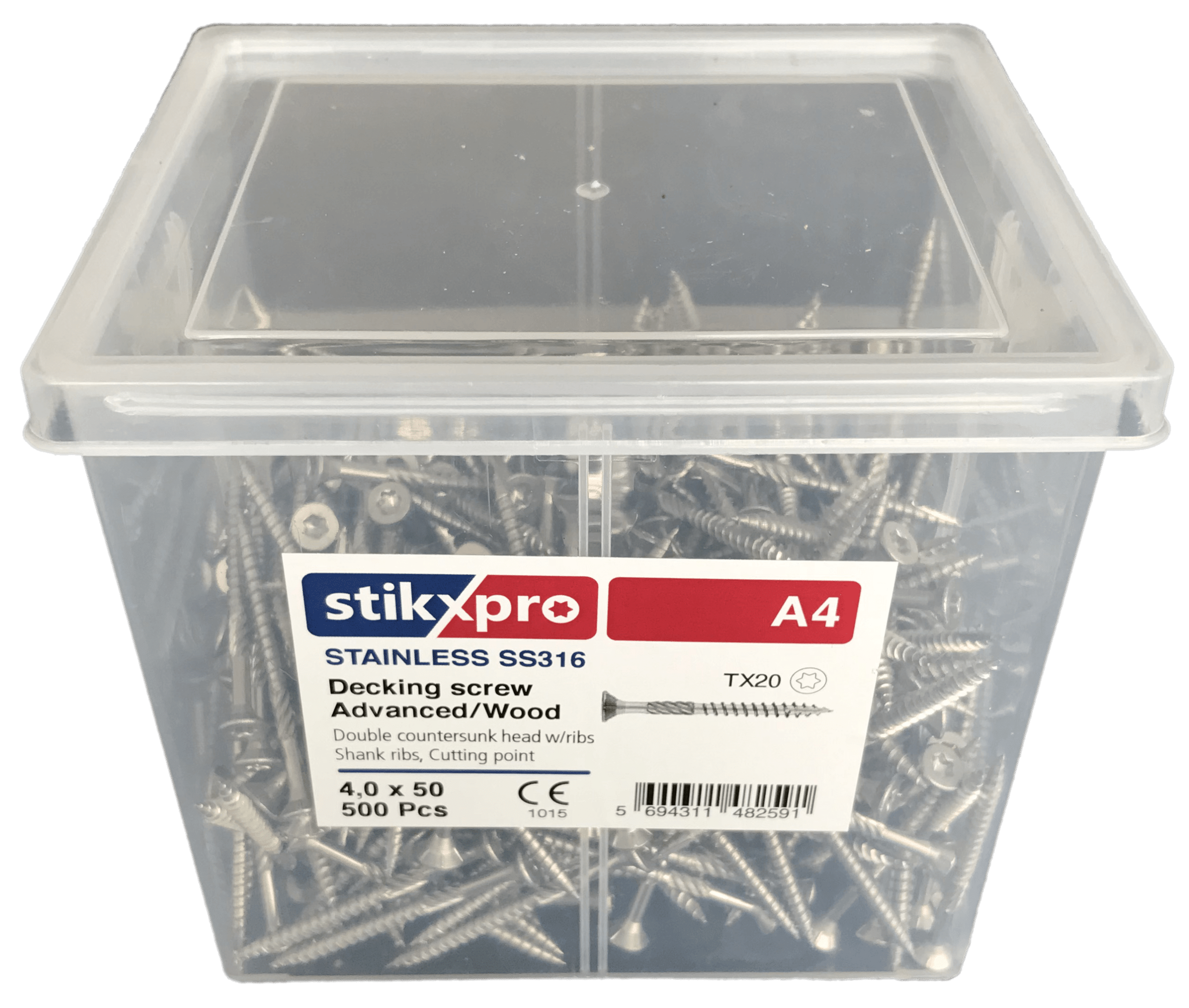 Ryðfríar A4 Pallaskrúfur / Tréskrúfur 4,0 X 50 500 stk